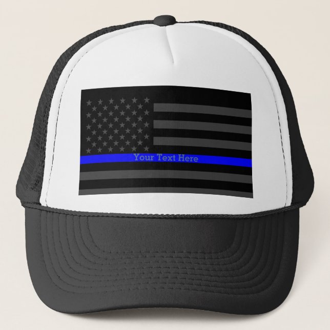 Your Text Thin Blue Line Black US Flag Art Trucker Hat (Front)