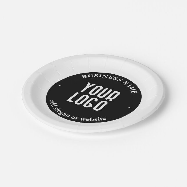 Your Text & Uploaded Logo | Editable Black & White Paper Plate (Angled)