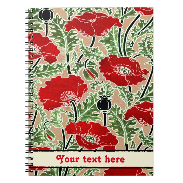 Your text vintage Art Nouveau Red Poppy Notebook (Front)