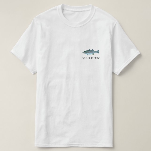 Your Town or Name Striped Bass FISHING T-Shirt (Design Front)