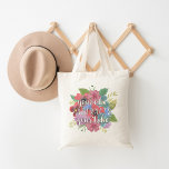 Your Vibe Attracts Your Tribe Wildflower Quote Tote Bag<br><div class="desc">Words to live by, for you or for a friend! Our blossoming garden tote bag is a sweet reminder that your vibe attracts your tribe. Design features the quote in white brushstroke typography on a bed of multicolored wildflowers and leaves in soft watercolors. Use the optional personalisation field to add...</div>