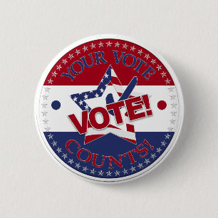 Your Vote Counts VOTE! Star Check Mark 6 Cm Round Badge