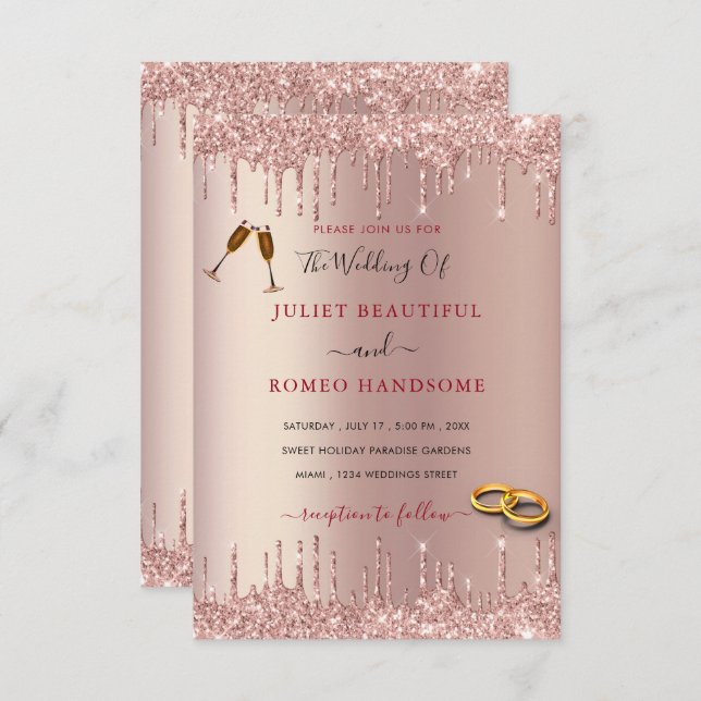 Your Wedding Invitation Rose Gold Glitter Drips (Front/Back)
