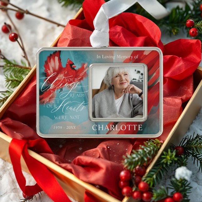 Your Wings Were Ready Red Cardinal Memorial Photo Silver Plated Framed Ornament (Your Wings Were Ready Red Cardinal Memorial Photo Christmas Ornament)