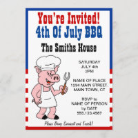 You're Invited 4th Of July BBQ Pig Cartoon