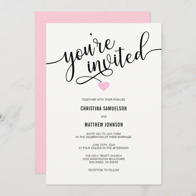 You're Invited Black White Blush Pink Rose Wedding Invitation (Front/Back)