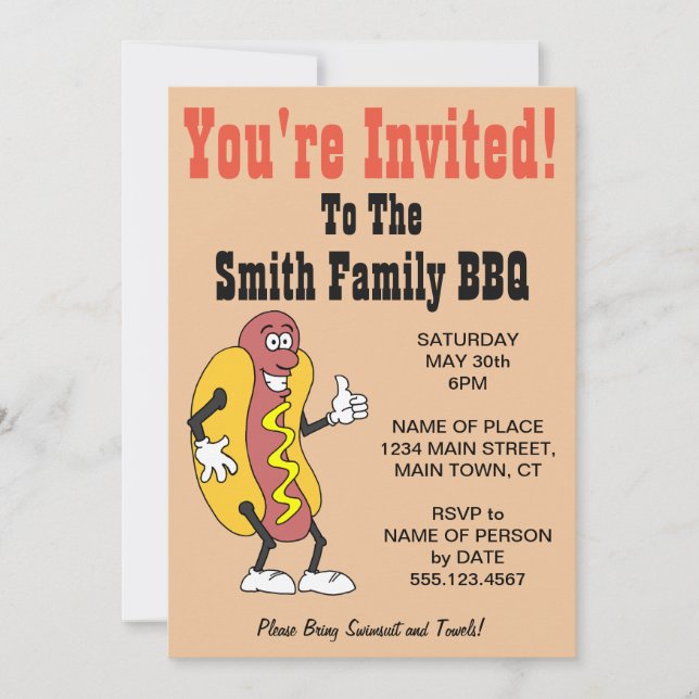 You're Invited Family BBQ Hot Dog Cartoon Invitation (Front)