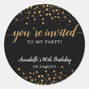 You're Invited Party Gold Black Confetti Birthday Classic Round Sticker