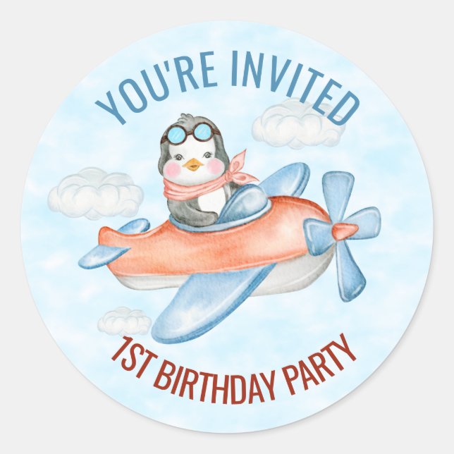You're Invited Penguin Aeroplane Blue Birthday Classic Round Sticker (Front)