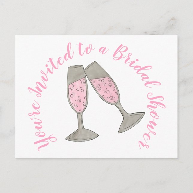 You're Invited Pink Champagne Glass Bridal Shower Invitation Postcard (Front)