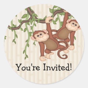 You're Invited! twins Monkeys Baby Shower Classic Round Sticker