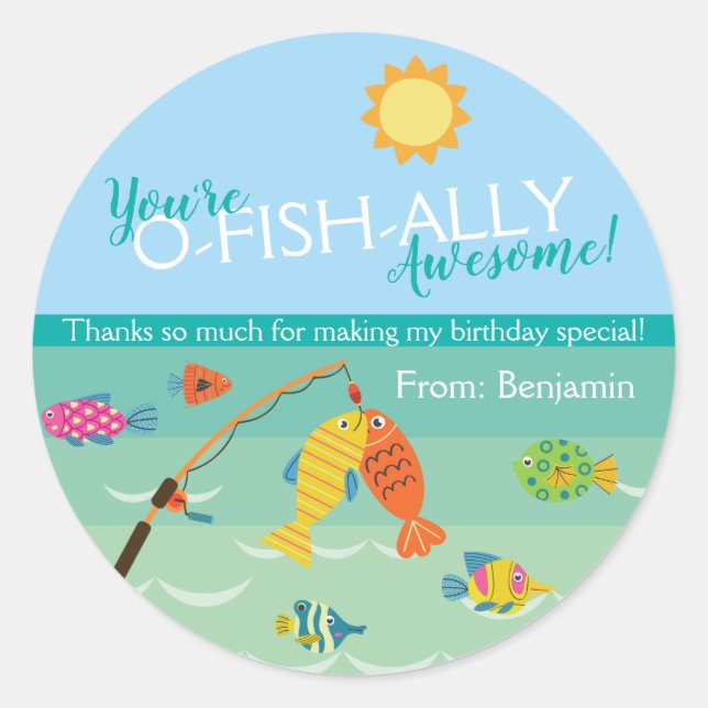 You're O-Fish-Ally Invited! Birthday Thank You Classic Round Sticker (Front)