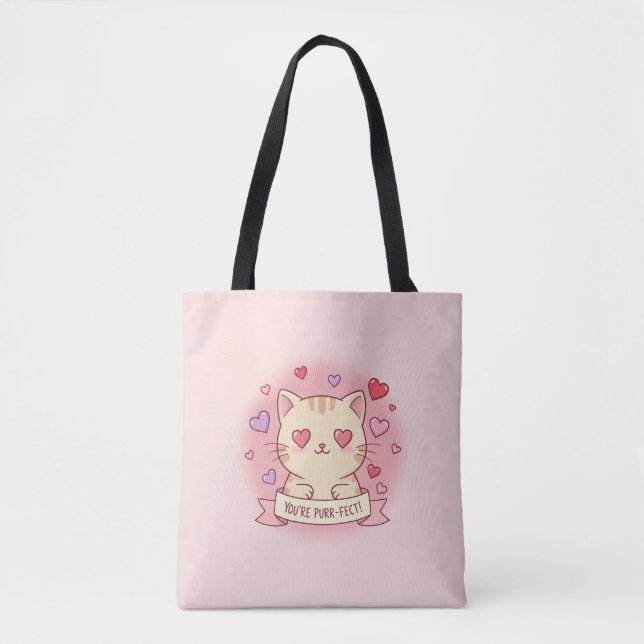 You're Purr-fect! Adorable Valentine's Day Cat Tote Bag (Front)