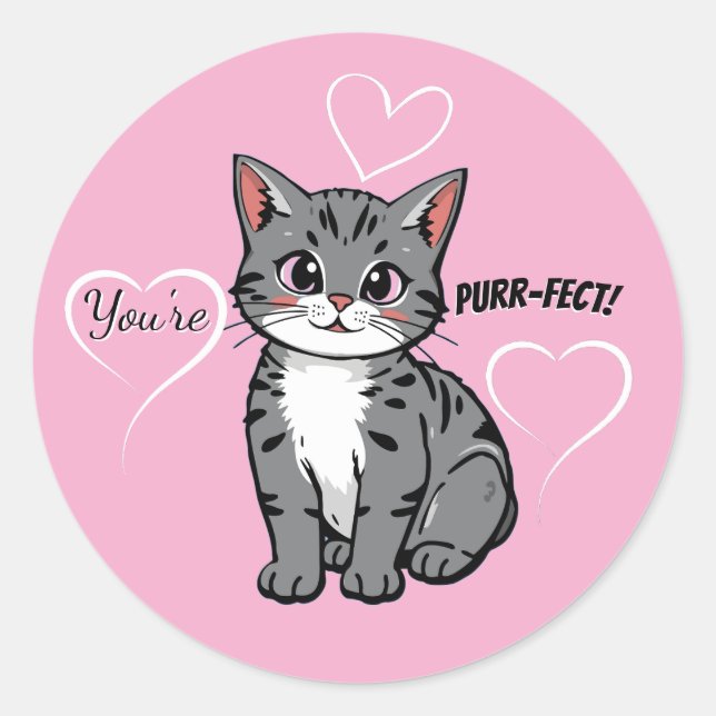 You're Purr-fect Animated Cat and Hearts Pink Classic Round Sticker (Front)