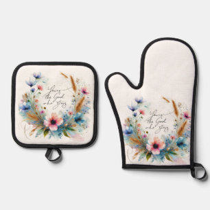 You're the God who Stays, watercolor floral Oven Mitt & Pot Holder Set