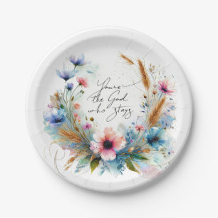 You're the God who Stays, watercolor floral Paper Plate