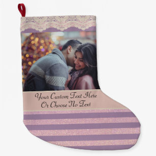 YourPic/Text Purple Rose Gold Stripes Vintage Lace Large Christmas Stocking