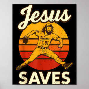 Youth Boy Baseball Jesus Saves Christian Baseball Poster