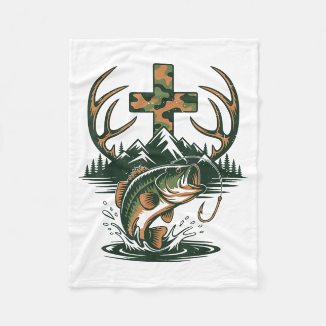 Youth Camo Faith Hunting Fishing Cross Fisherman C Fleece Blanket (Front)