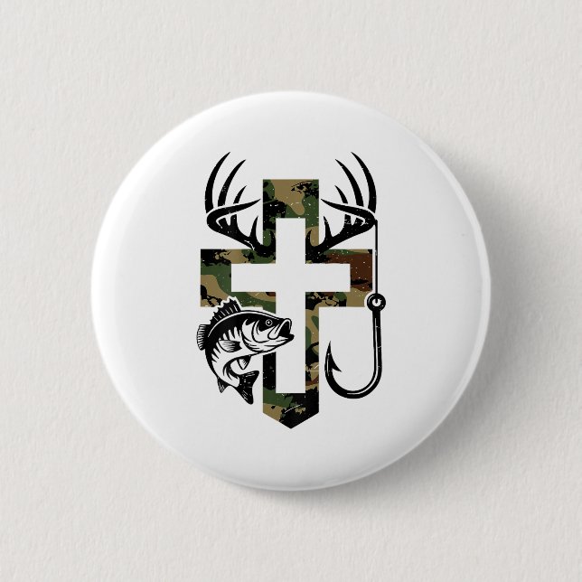 Youth Camo Faith Hunting Fishing Cross Hook Christ 6 Cm Round Badge (Front)
