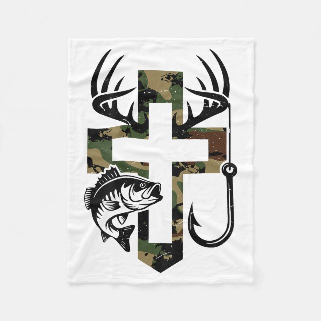 Youth Camo Faith Hunting Fishing Cross Hook Christ Fleece Blanket (Front)
