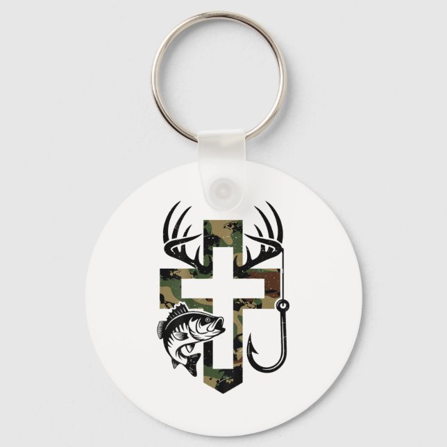 Youth Camo Faith Hunting Fishing Cross Hook Christ Key Ring (Front)