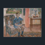 Youth | Frederick Carl Frieseke Postcard<br><div class="desc">Youth (1926) by Frederick Carl Frieseke (American, 1874–1939) is a tender and beautifully composed portrait of a young boy seated in a richly patterned interior, alongside his toy rabbit. The work showcases Frieseke’s masterful handling of light and colour, blending Impressionist softness with an eye for intricate decorative detail. The boy’s...</div>
