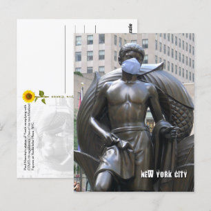 Youth statue wearing a face mask - NYC V postcard