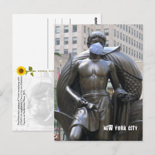 Youth statue wearing a face mask - NYC V postcard