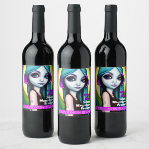 Youthful blue-pink ombre colour hair girl custom wine label