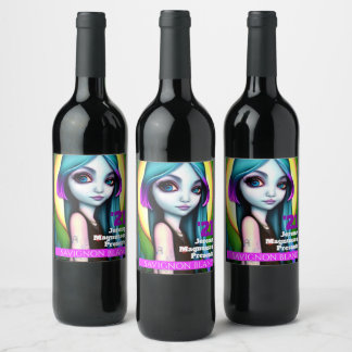 Youthful blue-pink ombre colour hair girl custom wine label