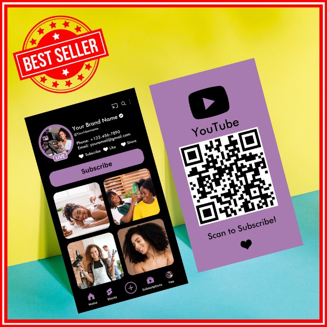 YouTube Lilac Influencer Vlogger Creator QR Code Business Card (Creator Uploaded)
