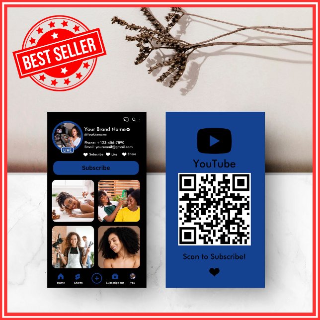 YouTube Navy Influencer Vlogger Creator QR Code Business Card (Creator Uploaded)