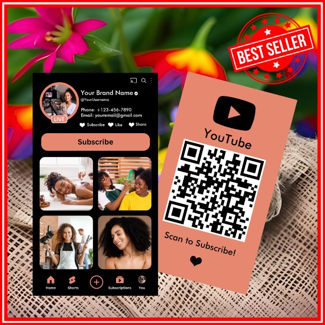 YouTube Peach Vlogger Creator QR Code Business Card (Creator Uploaded)