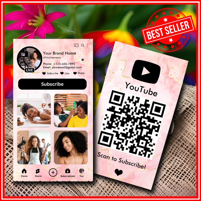 YouTube Pink Marble Influencer Vlogger Creator QR Business Card (Creator Uploaded)