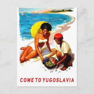 Yugoslavia, woman on the beach with fruit seller postcard