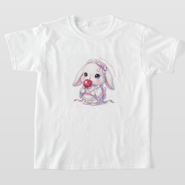 Yukata Bunny with Apple Candy - Pink Pastel Ribbon T-Shirt (Laydown)