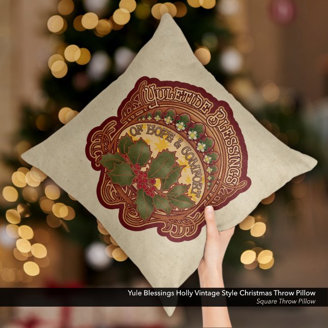 Yule Blessings Holly Vintage Style Christmas  Cushion (Yule Blessings Holly Vintage Style Christmas Throw Pillow)