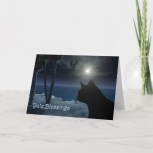 yule blessings with beach scenery cat and birds holiday card