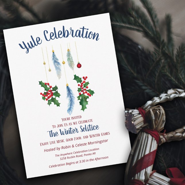 Yule Boho Feathers Winter Floral Solstice Invitation (Creator Uploaded)