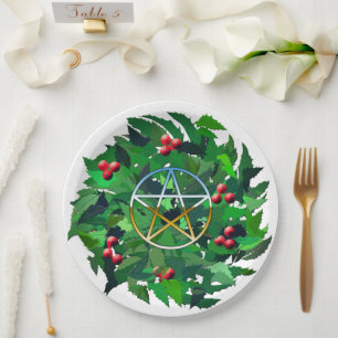 Yule Holly Wreath and Pentacle Paper Plate