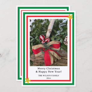 Yule Log Red Burlap Bow Green INSERT PHOTO Holiday Card