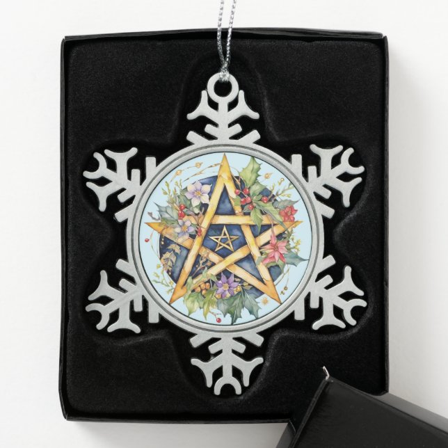 Yule Tree Winter Solstice Floral Wicca Pentacle Snowflake Pewter Christmas Ornament (Box)