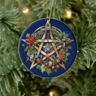 Yule Tree Winter Solstice Holly Wicca Pentacle Ceramic Tree Decoration