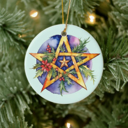 Yule Tree Winter Solstice Holly Wicca Pentacle Ceramic Tree Decoration