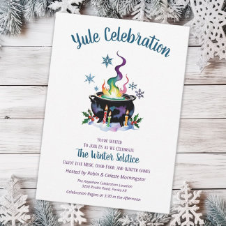 Yule Winter Solstice Witch Cauldron Holly Snow Invitation