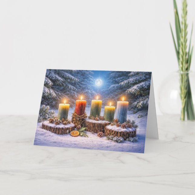 Yule Winter Solstice with Candles in the Snow Moon Card (Front)