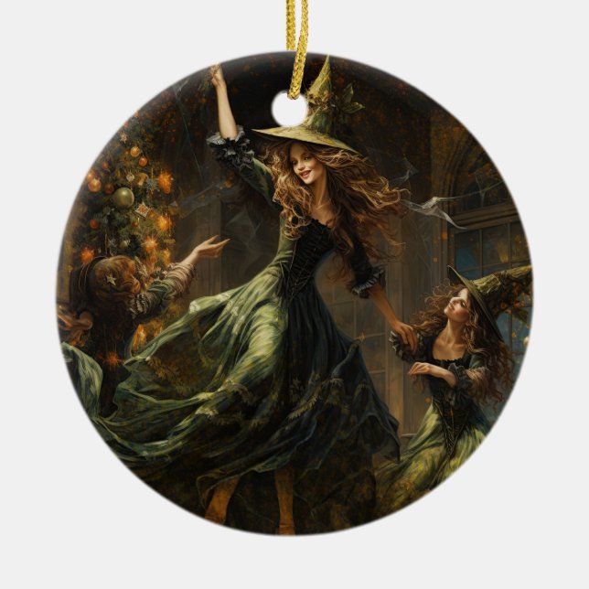 Yule Witch Christmas  Ceramic Tree Decoration (Front)