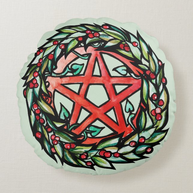 Yule Wreath Pentacle Pagan Pentagram Holiday       Round Cushion (Front)