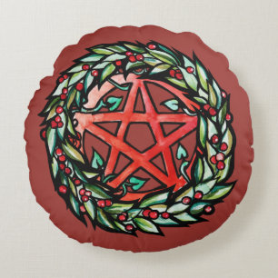 Yule Wreath Pentacle Pagan Pentagram Holiday     Round Cushion